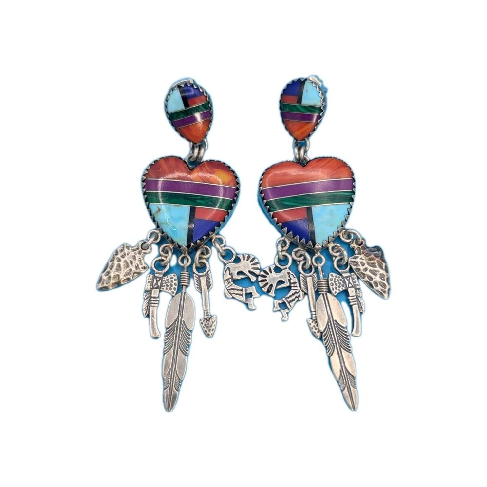 Q.T. Quoc 925 Sterling Silver Multi-Stone Inlay Heart Chandelier Charm Earrings